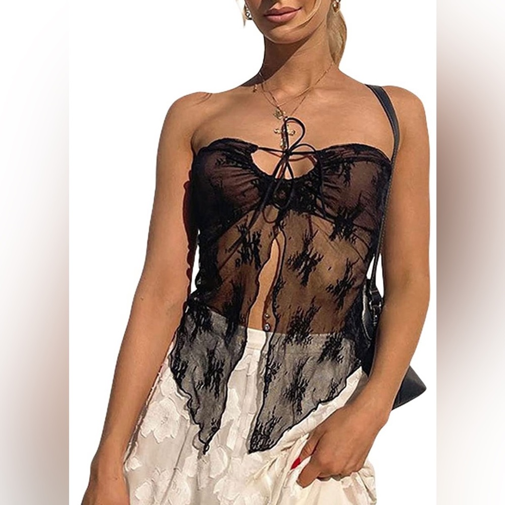 Black Lace mesh strapless y2k top